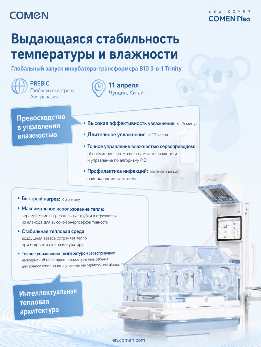 Система терморегуляции и контроля влажности инкубатора Comen B10 — нагрев ≤25 мин